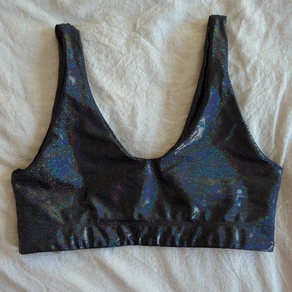 GoldSheep Black Shiny Sparkly Glittery Sports Bra Size L